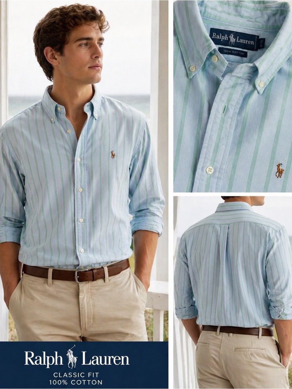Ralph Lauren Button Down Shirt Mens 16-35 Blue Green Stripe Cotton Classic Fit